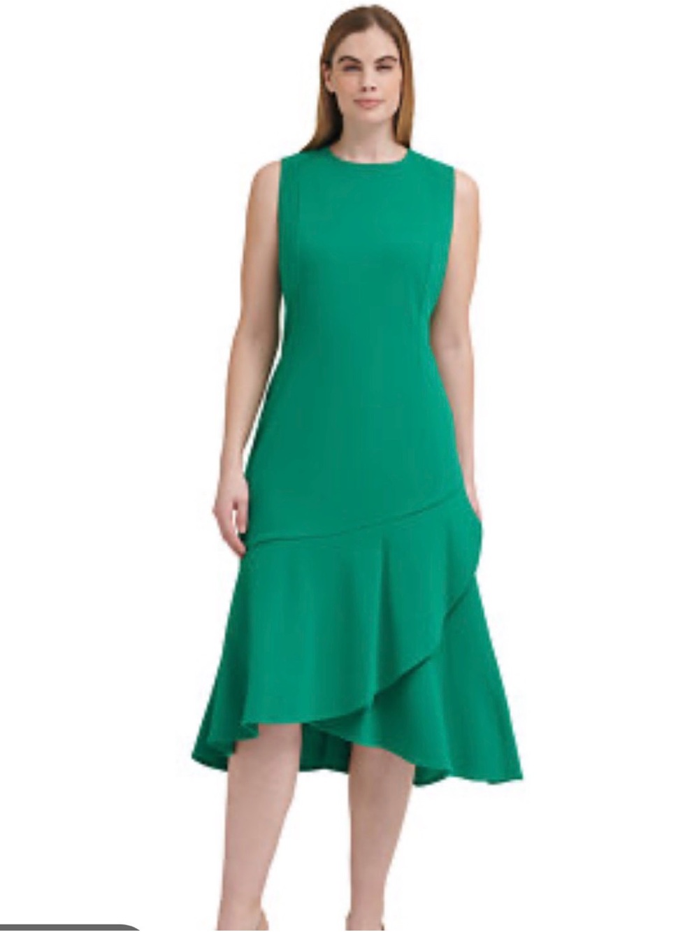 Calvin Klein Emerald Green Sleeveless High-Low Ruffle Dress